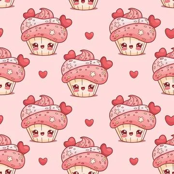 Seamless pattern with cute romantic cream cupcake with heart on pink backgr.. Stock Illustration