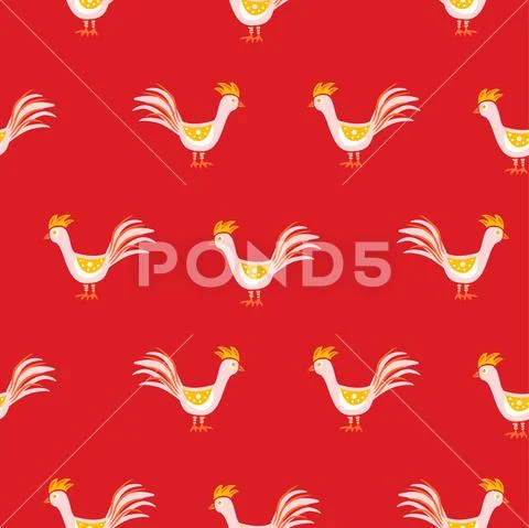 Seamless pattern with cute roosters on red background. Stock Illustration