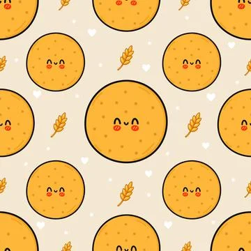 Seamless pattern with cute round dry cookies and wheat Stock Illustration