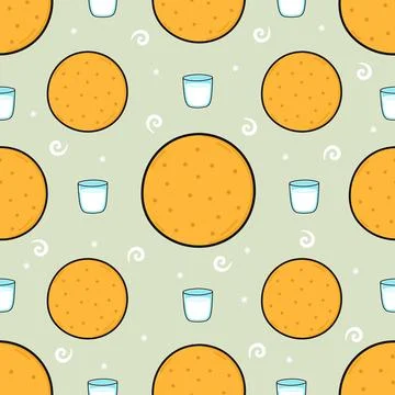 Seamless pattern with cute round dry cookies and milk glasses Stock Illustration