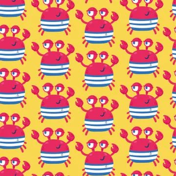 Seamless pattern with cute sailor crab and yellow background Stock Illustration