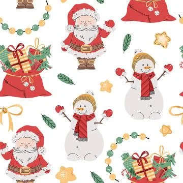 Seamless pattern with cute Santa Claus, snowman and gift bag. Vector holiday  Stock Illustration