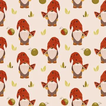 Seamless pattern with cute scandinavian gnomes and watermelons on beige Stock Illustration