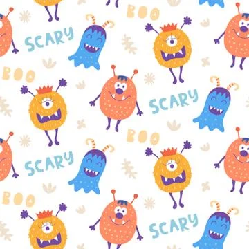 Seamless pattern with cute scary Halloween monsters Stock Illustration