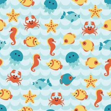 Seamless pattern with cute sea animals on blue wave background Stock Illustration