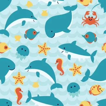 Seamless pattern with cute sea animals on blue wave background. Stock Illustration