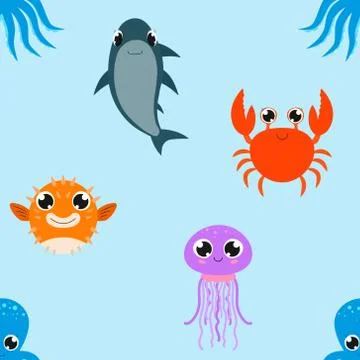 Seamless pattern of cute sea animals. Vector cartoon background. Stock Illustration
