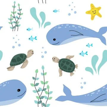 Seamless pattern with cute sea animals. Stock Illustration