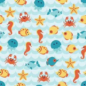 Seamless pattern with cute sea animals on blue wave background. Seamless p... Stock Photos