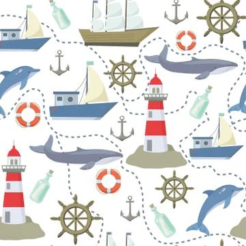 Seamless pattern with cute sea elements . Vector illustration. Stock Illustration