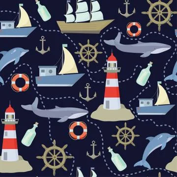 Seamless pattern with cute sea elements . Vector illustration. Stock Illustration