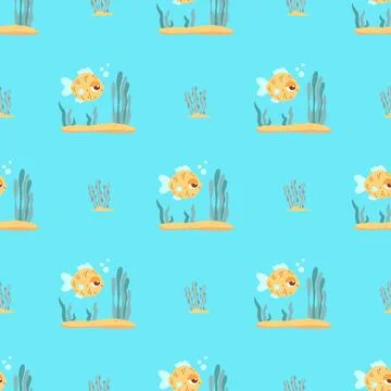 Seamless Pattern with Cute Sea tropical fish and Plant algae on Light Blue .. Illustrazione stock