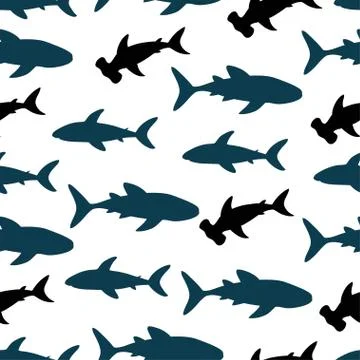 Seamless pattern with cute sharks silhouette. Vector illustration. Illustrazione stock