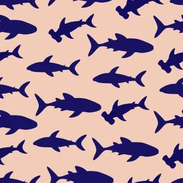 Seamless pattern with cute sharks silhouette. Vector illustration. Illustrazione stock