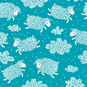 Seamless pattern with cute sheep and clouds. Stock Illustration