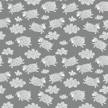 Seamless pattern with cute sheep and clouds. Stock Illustration