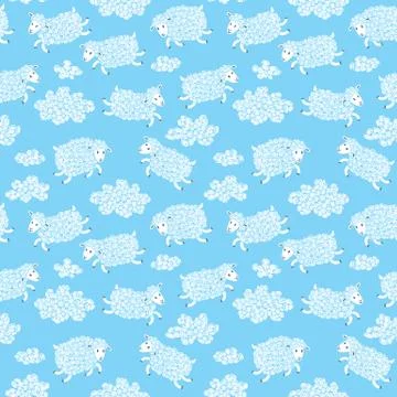 Seamless pattern with cute sheep and clouds. Stock Illustration