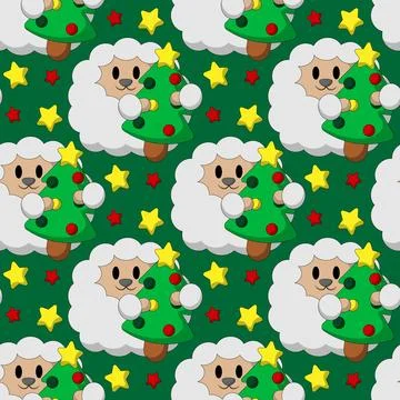 Seamless pattern with Cute Sheep with Christmas Tree Illustrazione stock