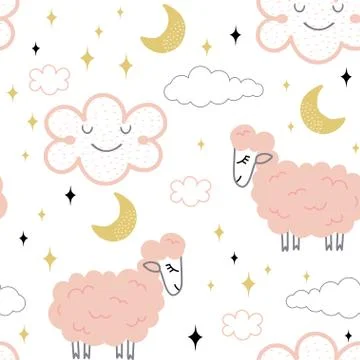 Seamless pattern with cute sheep, clouds, stars and moon. Sweet dreams good Stock Illustration