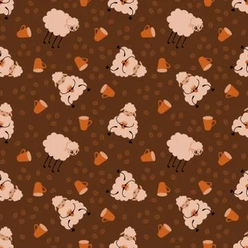 Seamless pattern with cute sheep drinking coffee Stock Illustration