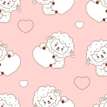 Seamless pattern with Cute Sheep with heart on soft pink background. Line d.. Stock Illustration