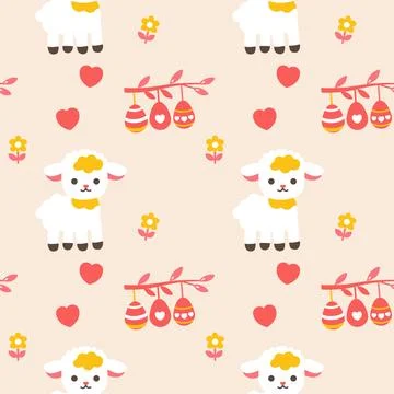  Seamless pattern with cute sheeps, flowers and hearts. Easter seamless pattern 스톡 일러스트