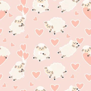Seamless pattern with cute sheeps on soft pink background with hearts. Vect.. Stock Illustration