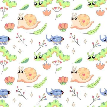 Seamless pattern, cute simple bugs, snail, insects cartoon baby, on white b.. Illustrazione stock