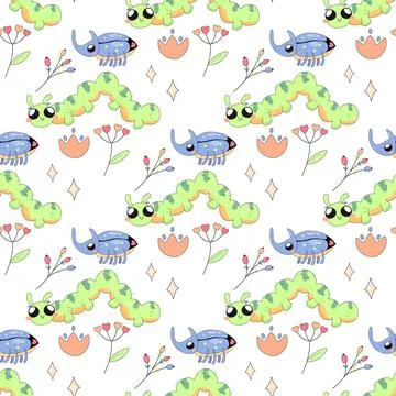 Seamless pattern, cute simple bugs, snail, insects cartoon baby, on white b.. Illustrazione stock