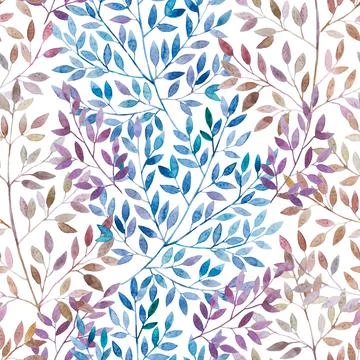 Seamless pattern with cute simple detailed branches with leaves. Stock Illustration
