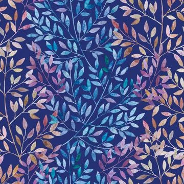 Seamless pattern with cute simple detailed branches with leaves. Stock Illustration