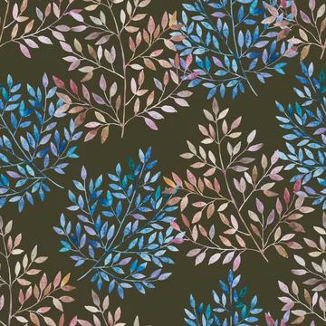 Seamless pattern with cute simple detailed branches with leaves. Stock Illustration