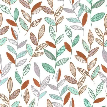 Seamless pattern with cute simple line branches with leaves. Minimalistic vector Stock Illustration