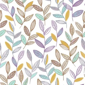 Seamless pattern with cute simple line branches with leaves. Minimalistic vector Stock Illustration