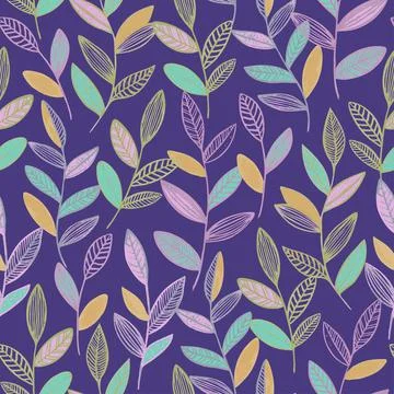 Seamless pattern with cute simple line branches with leaves. Minimalistic vector Illustrazione stock