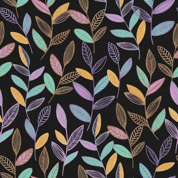Seamless pattern with cute simple line branches with leaves. Minimalistic vector Stock Illustration