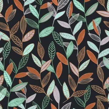 Seamless pattern with cute simple line branches with leaves. Minimalistic vector Stockillustratie