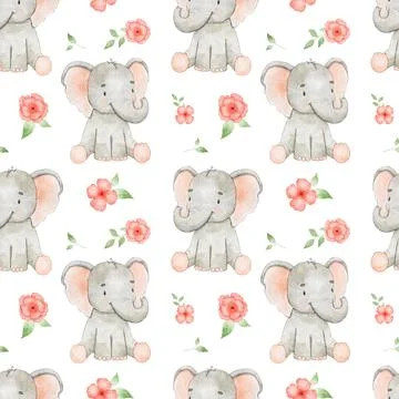 Seamless pattern with cute sitting elephant and pink flowers. Endless watercolor Stock Illustration