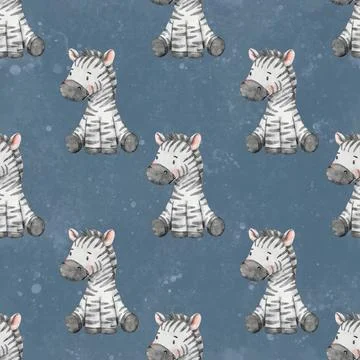 Seamless pattern with cute sitting zebra. Endless watercolor pattern for Stock Illustration