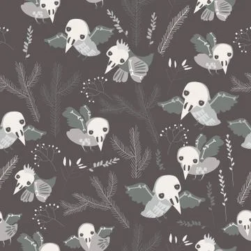 Seamless pattern with cute skeleton birds on gray background Stock Illustration
