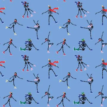 Seamless pattern with cute skeleton characters is skating on ice Stock Illustration