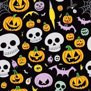 Seamless pattern with cute skulls, bats and pumpkins on white background. Ill Illustrazione stock