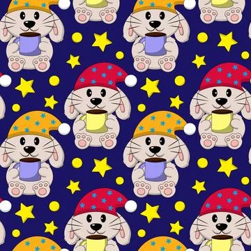 Seamless pattern with Cute sleep Rabbit with cup and stars Stock Illustration