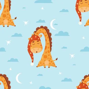 Seamless pattern with cute sleeping animal giraffe on blue background with cl Stock Illustration