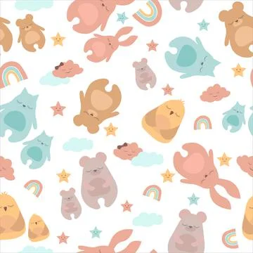 Seamless pattern with cute sleeping animals in flat design . Can be used for  Stock Illustration