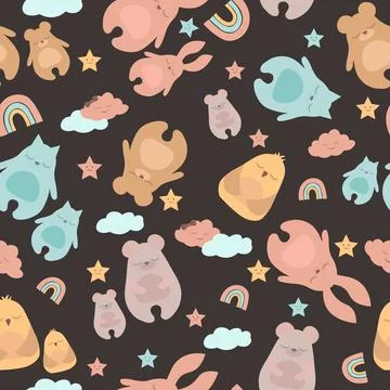 Seamless pattern with cute sleeping animals in flat design . Can be used for  Stock Illustration