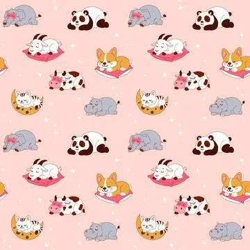 Seamless Pattern with Cute Sleeping Animals Illustrazione stock