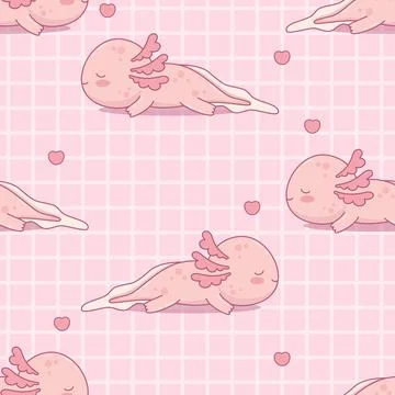 Seamless pattern with cute sleeping Axolotl on pink checkered background wi.. Stockillustratie