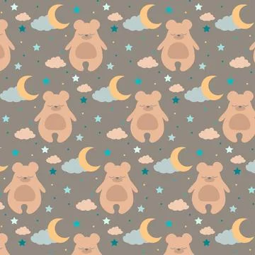 Seamless pattern with cute sleeping bear and moons, cloud, stars. Vector illu 스톡 일러스트