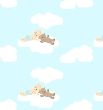 Seamless pattern with cute sleeping boy and bear Stock Illustration